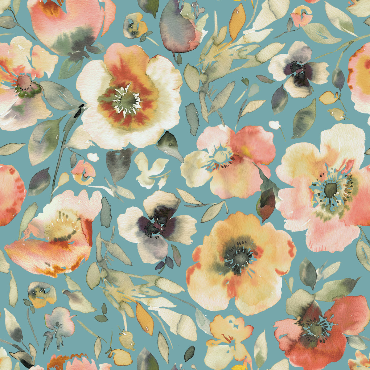 Soft Watercolor Floral Blooms Teal Peach Wallpaper⁠ in your room
