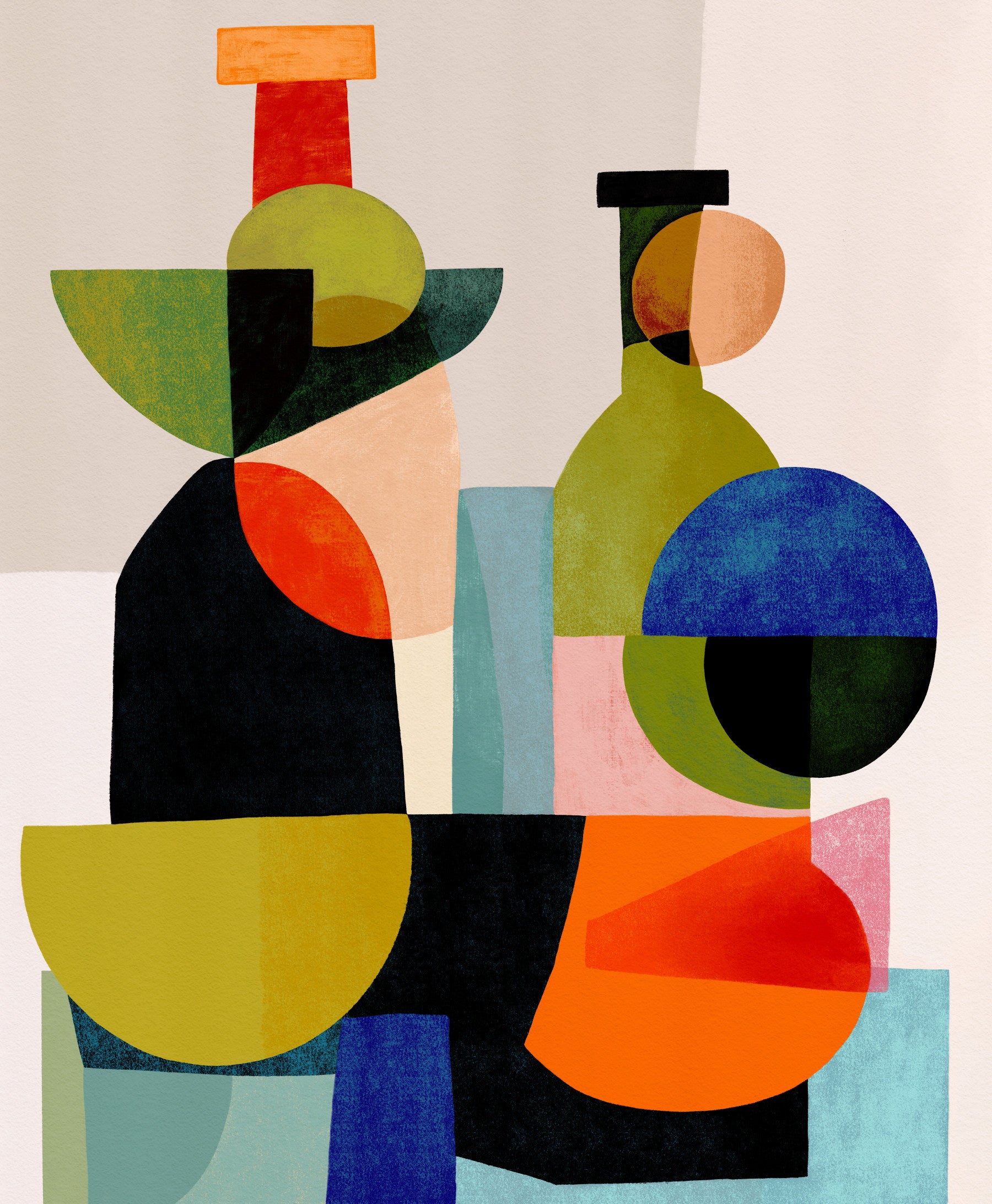 Bold pottery silhouettes set a calm living room in Abstract Vessel Study Wall Mural.