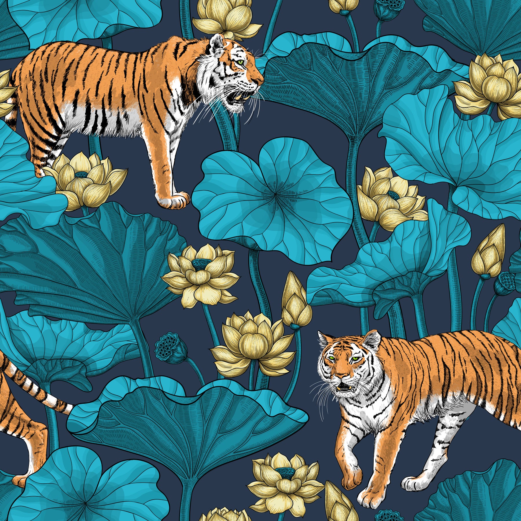 Bedroom blue yellow tiger wallpaper with lotus pond leaves and flowers