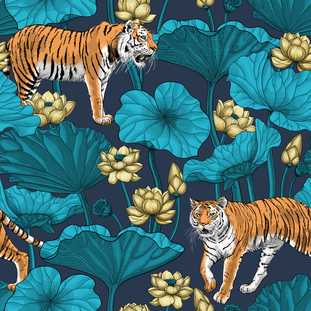 Tigers in the lotus pond in blue and yellow Wallpaper⁠