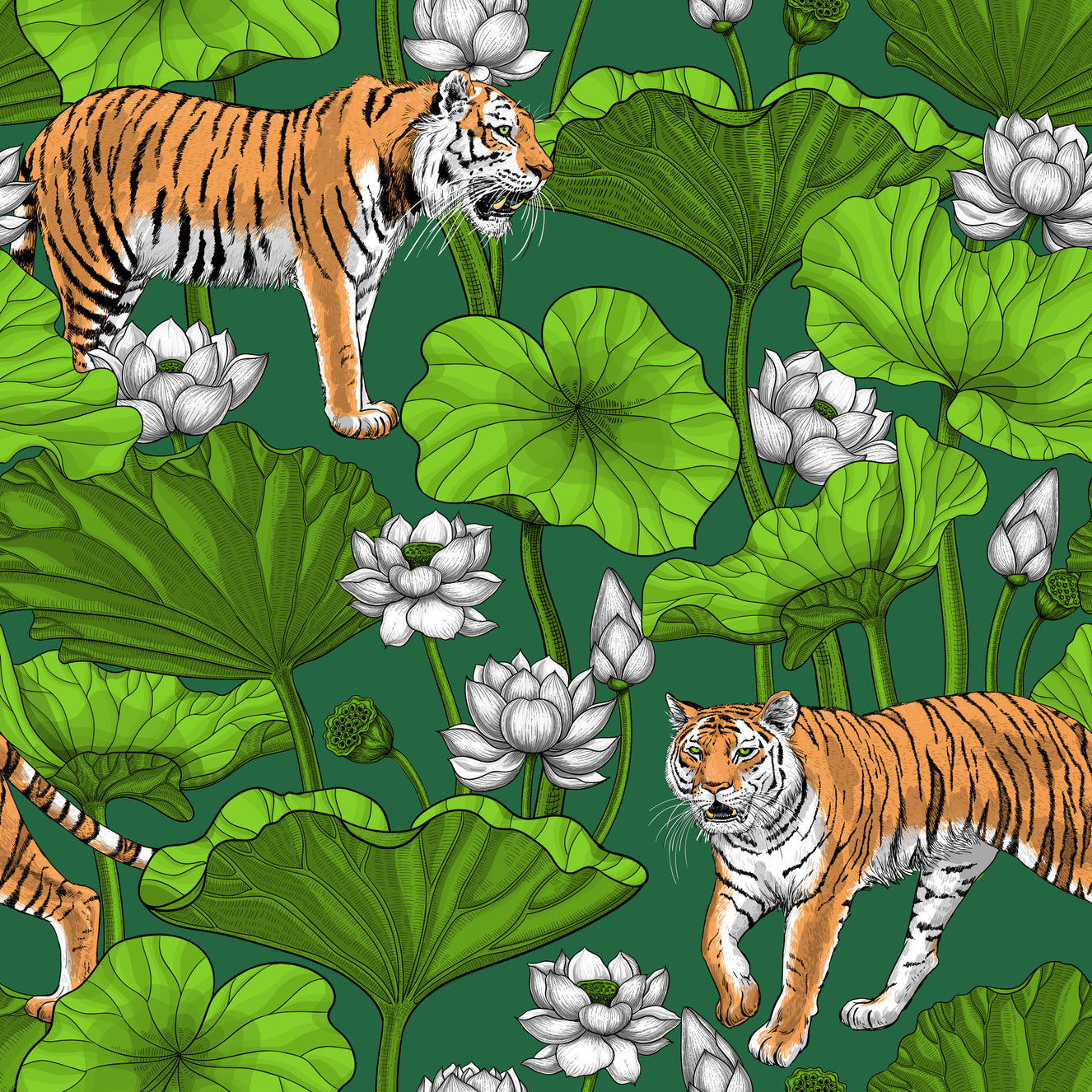 Tigers in the lotus pond in green and white Wallpaper⁠