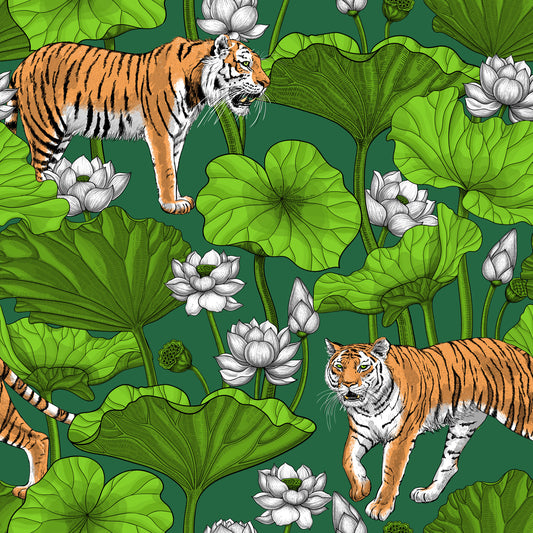 Tigers in the lotus pond in green and white Wallpaper⁠
