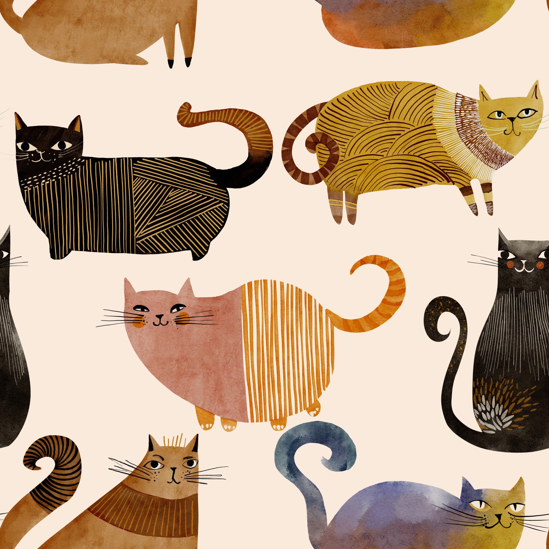 Bedroom cat wallpaper showing Curly Tail Club cats with striped bodies