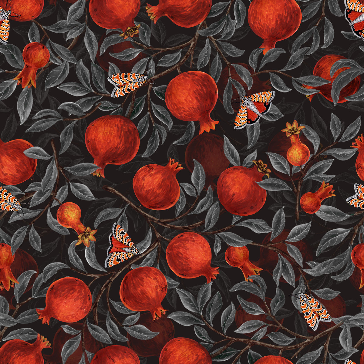 Crimson Pomegranates & Moths Wallpaper⁠ in your room — zoomed