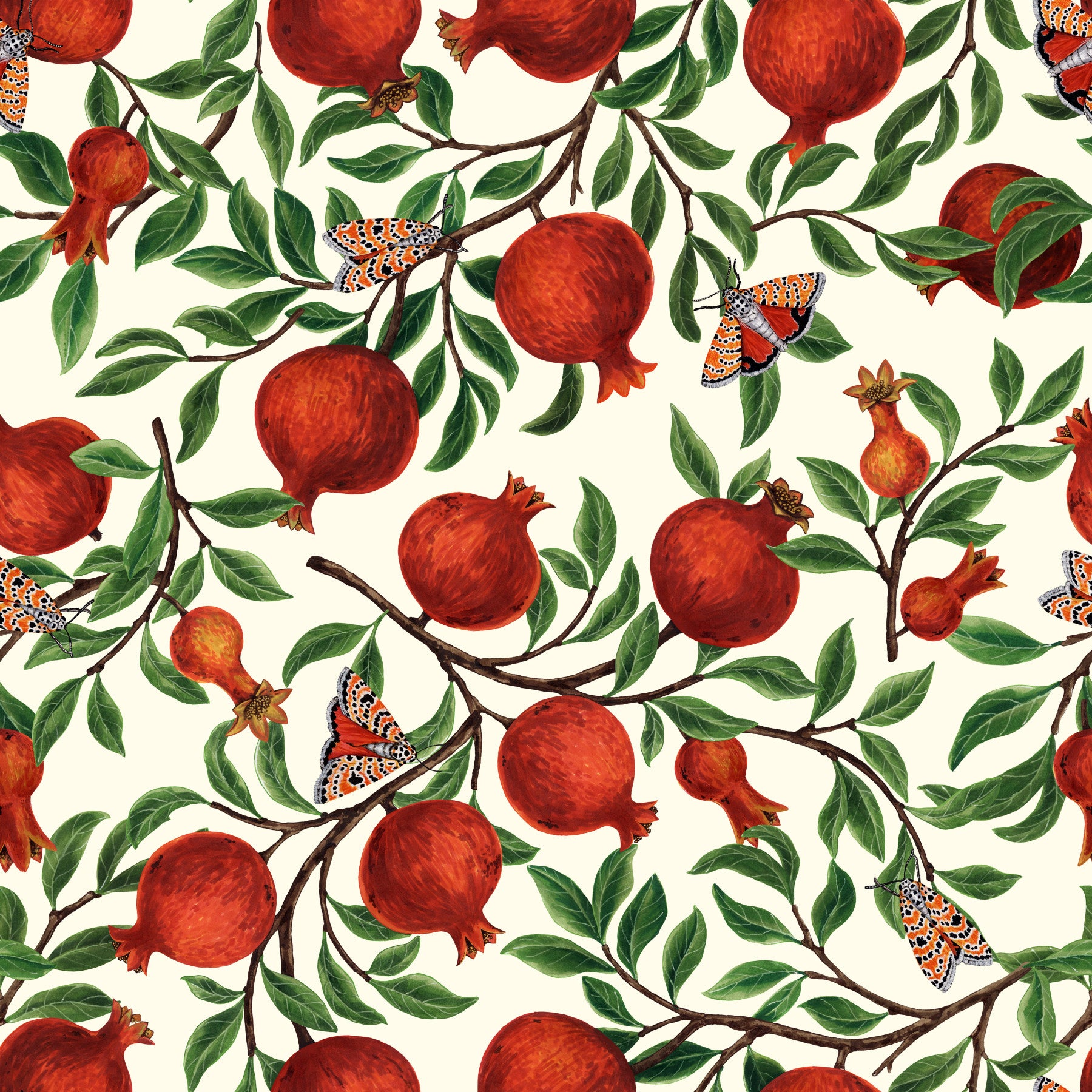 Pomegranate Butterfly Garden Wallpaper builds a fruit-garden setting in a living room.