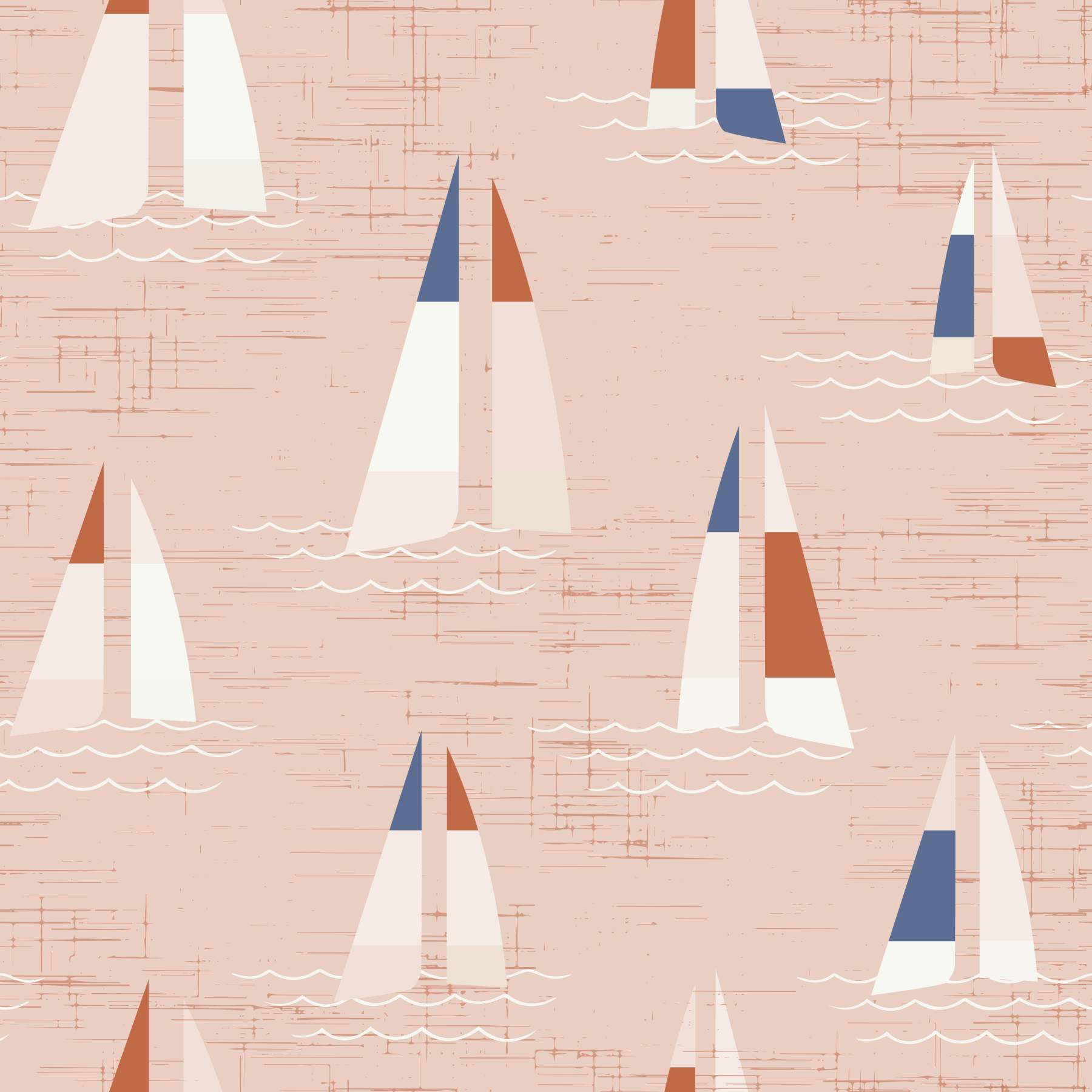 Peach skies and tiny boats sit behind a bedroom on the Mid Century Sailboats wall mural.