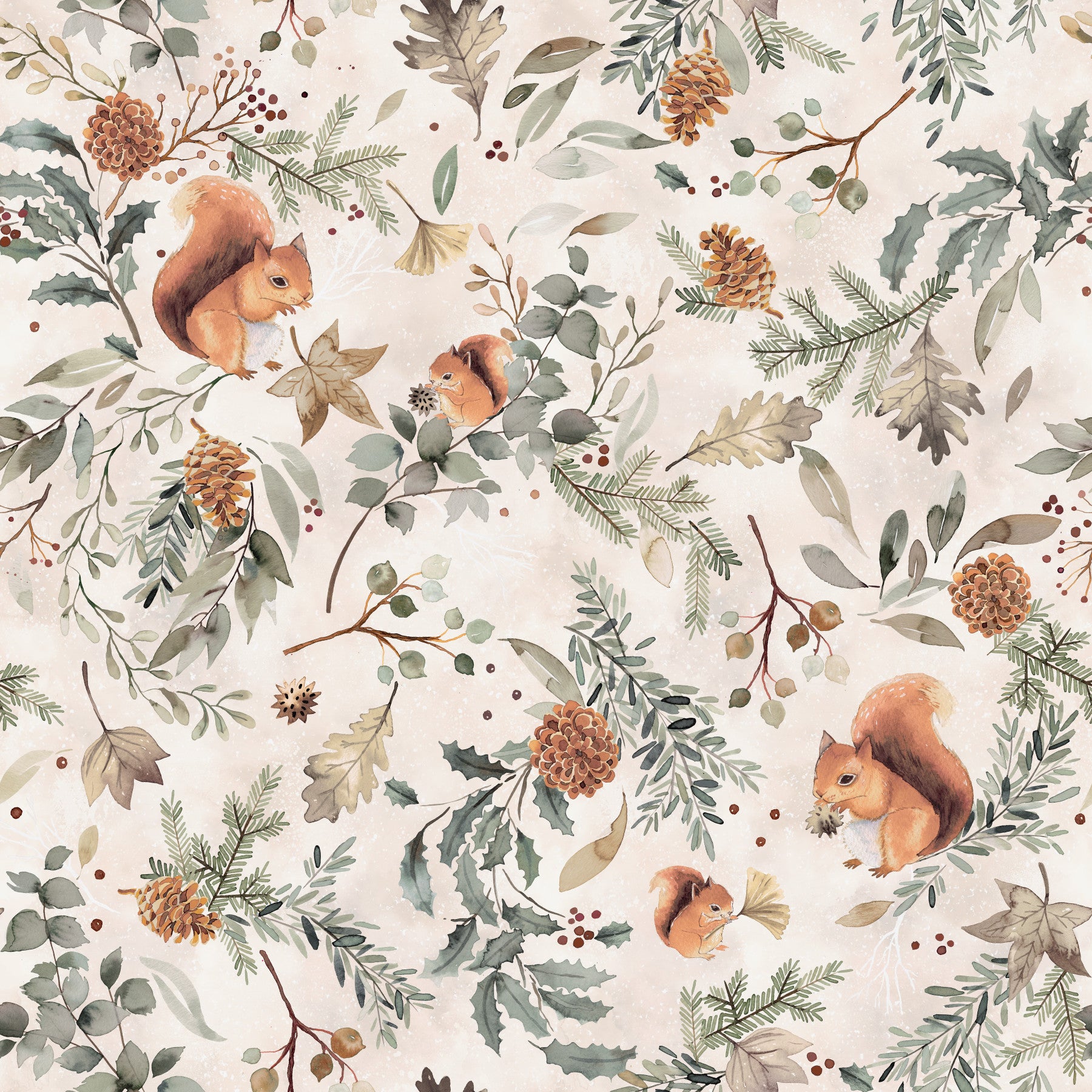 Cozy Woodland Squirrels & Pinecones Wallpaper in your room — zoomed