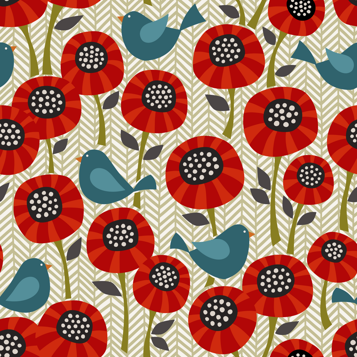 Poppies And Birds On Chevron Wallpaper⁠ in your room — zoomed