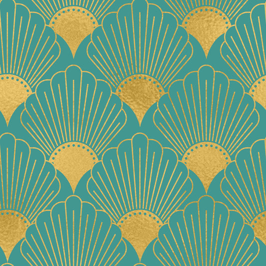 Glamorous Teal and Gold Fan Wall Décor Wallpaper⁠