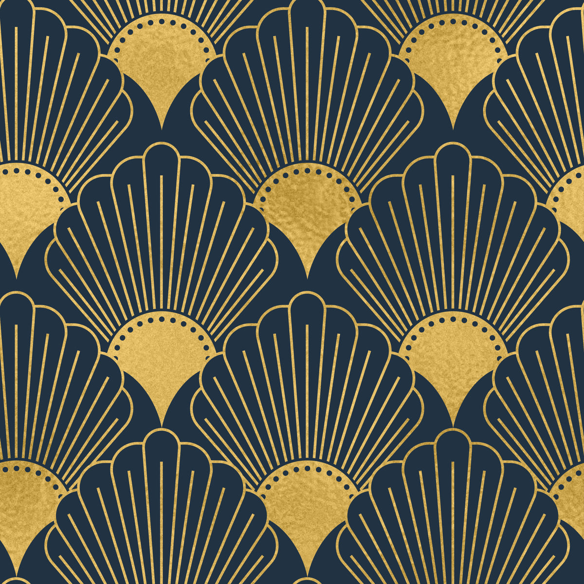 Opulent Deco Shell Navy & Gold Wallpaper in your room — zoomed