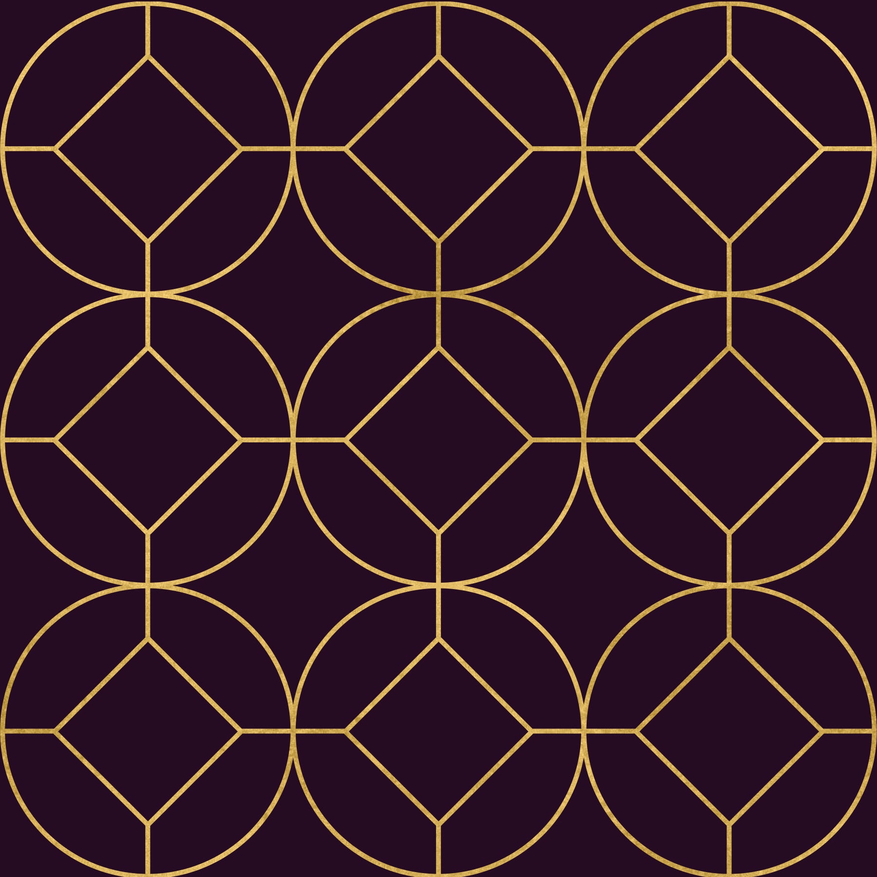 Bold plum wall with Art Deco Gold and Plum Geometric Wallpaper angular design for a living room.