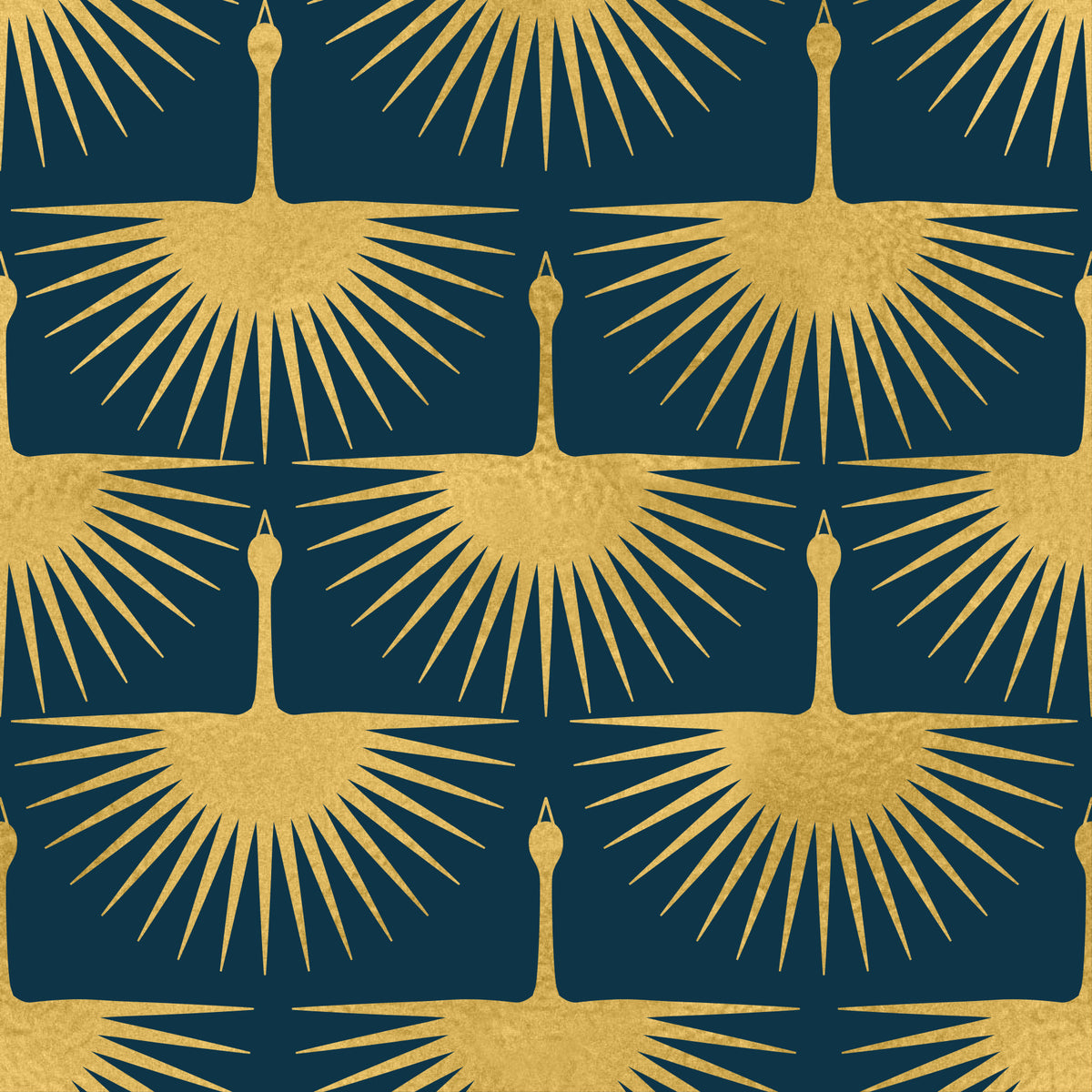Art Deco Golden Crane Dark Turquoise Wallpaper