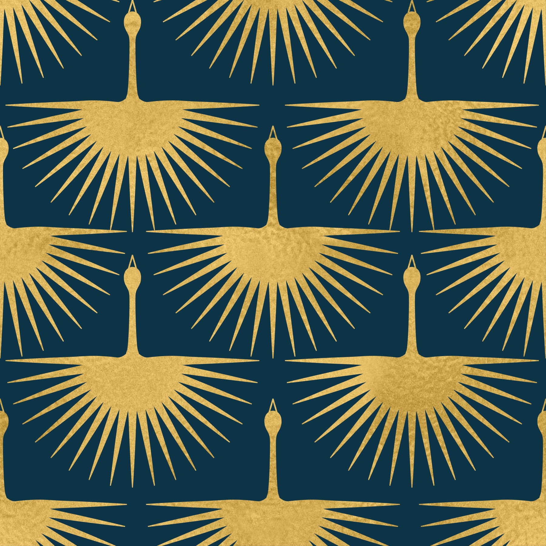 Art Deco Golden Crane Dark Turquoise Wallpaper