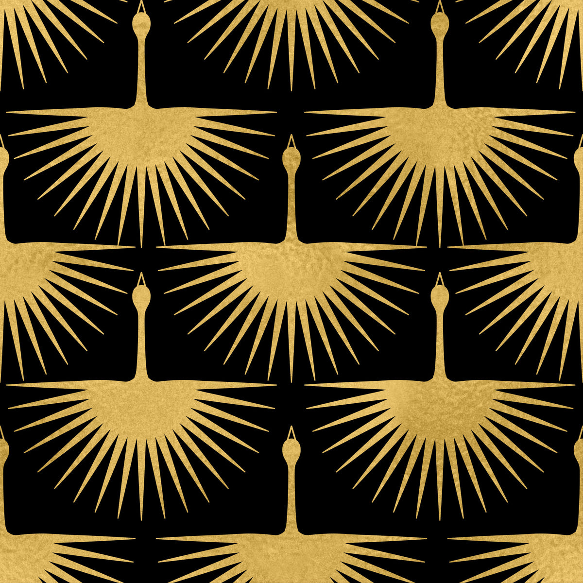 Black and Gold Art Deco Crane Wallpaper in your room — zoomed