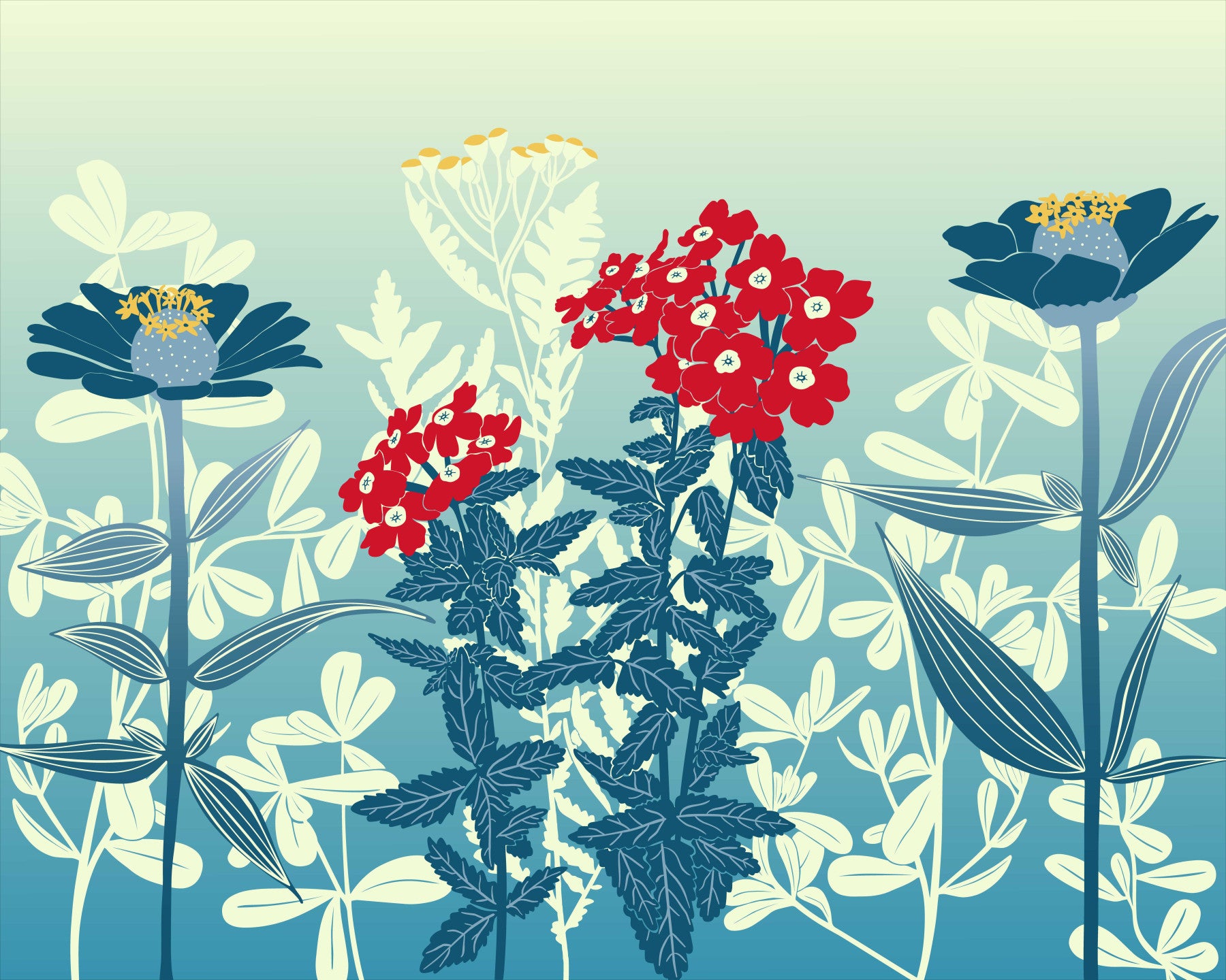 Crimson and Teal Retro Botanical Meadow Wall Mural in your room — zoomed