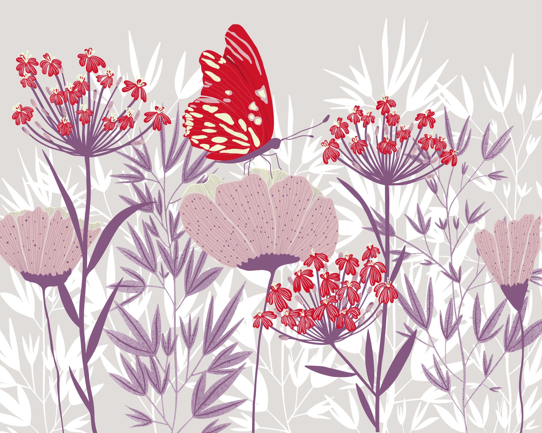 Crimson Butterfly and Mauve Garden Wall Mural in your room — zoomed