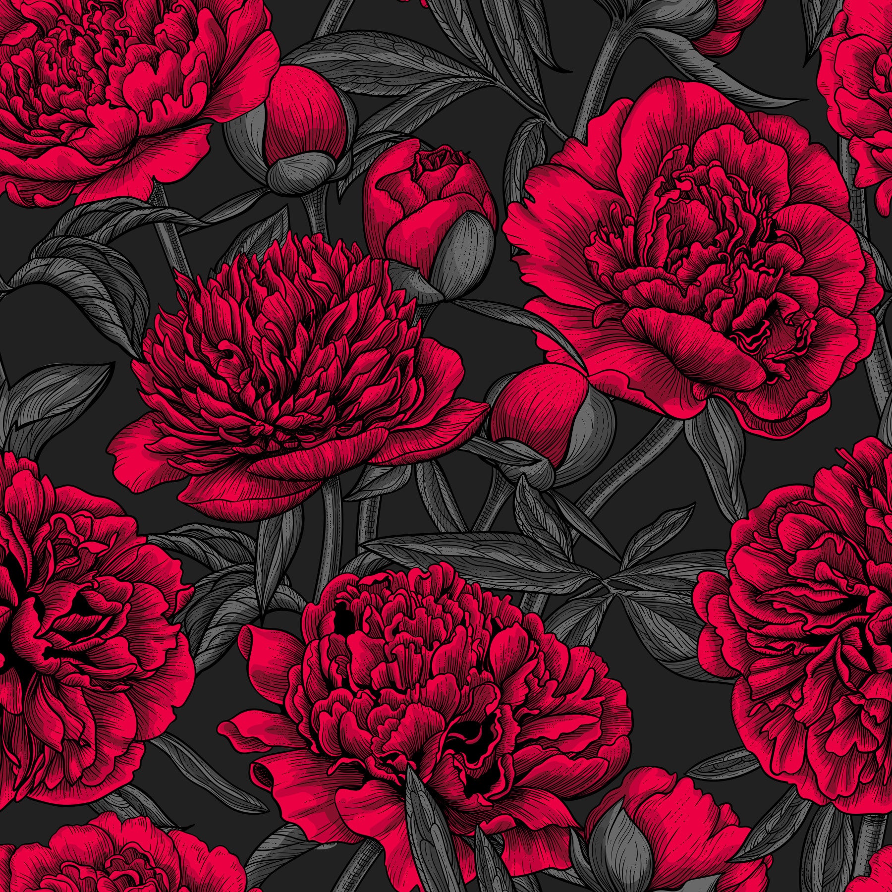 Midnight Crimson Peony wallpaper gives this living room a deep, dramatic focal point.