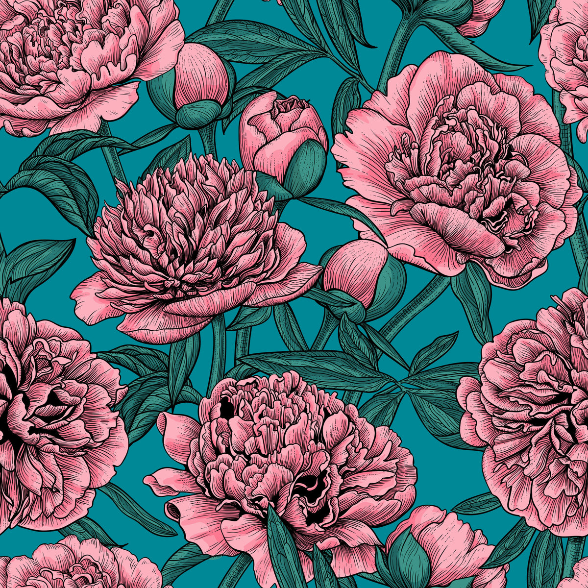 Romantic Teal Peony Botanical Wallpaper in your room
