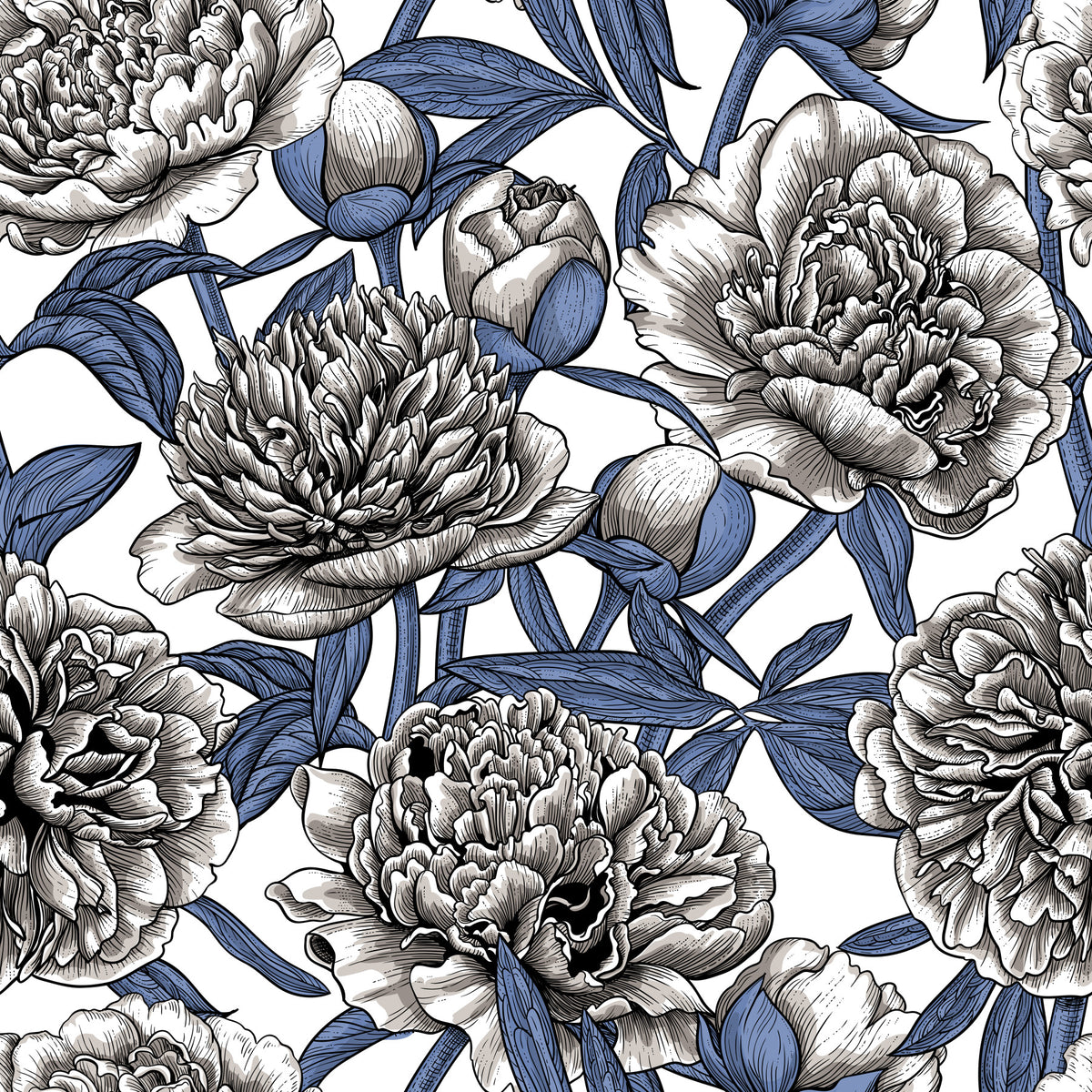 Vintage Blue and Cream Engraved Peonies Wallpaper in your room