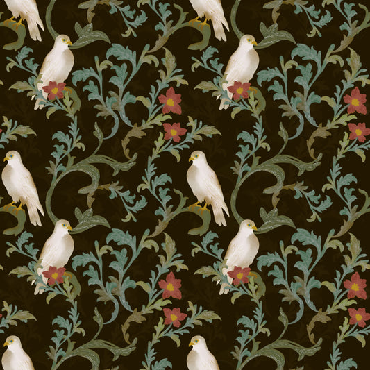 Midnight Forest Birds and Floral Scroll Wallpaper