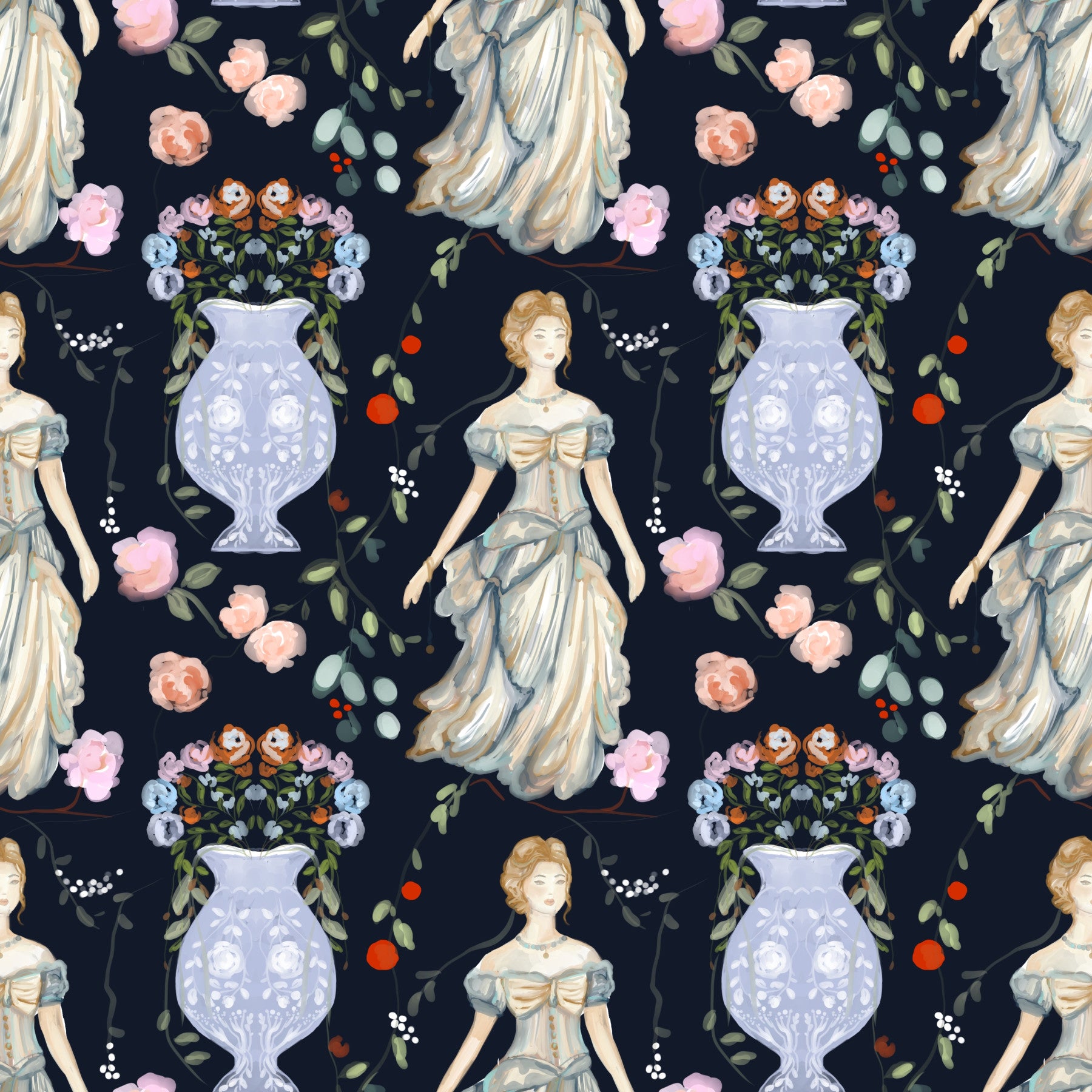Vintage Elegance Renaissance Gown Floral Wallpaper