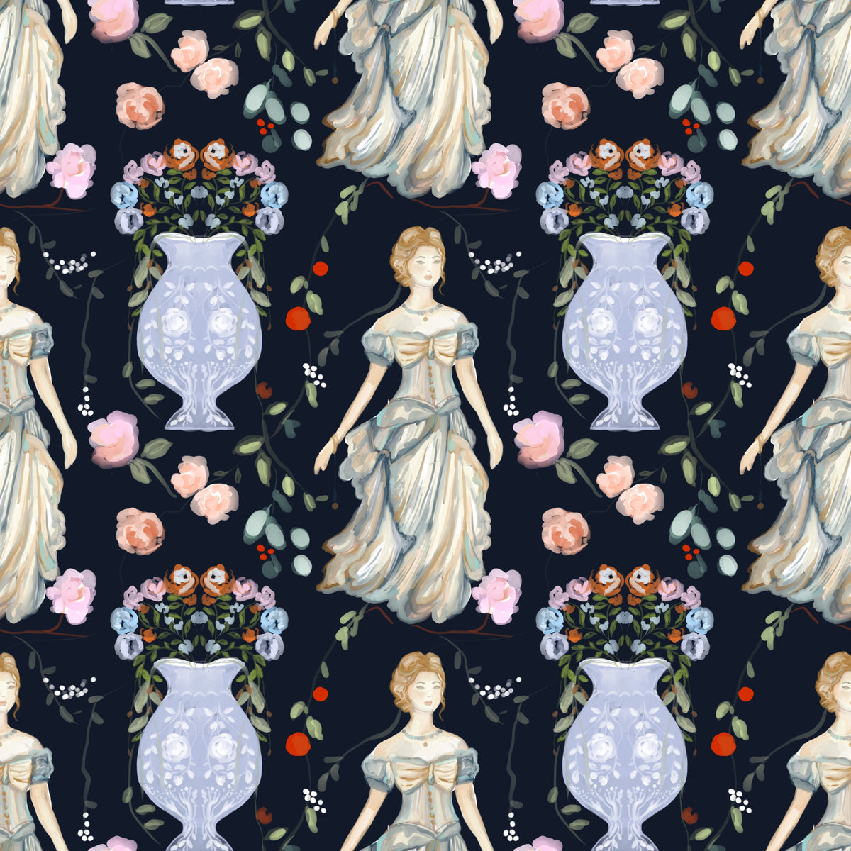 Vintage Elegance Renaissance Gown Floral Wallpaper in your room — zoomed