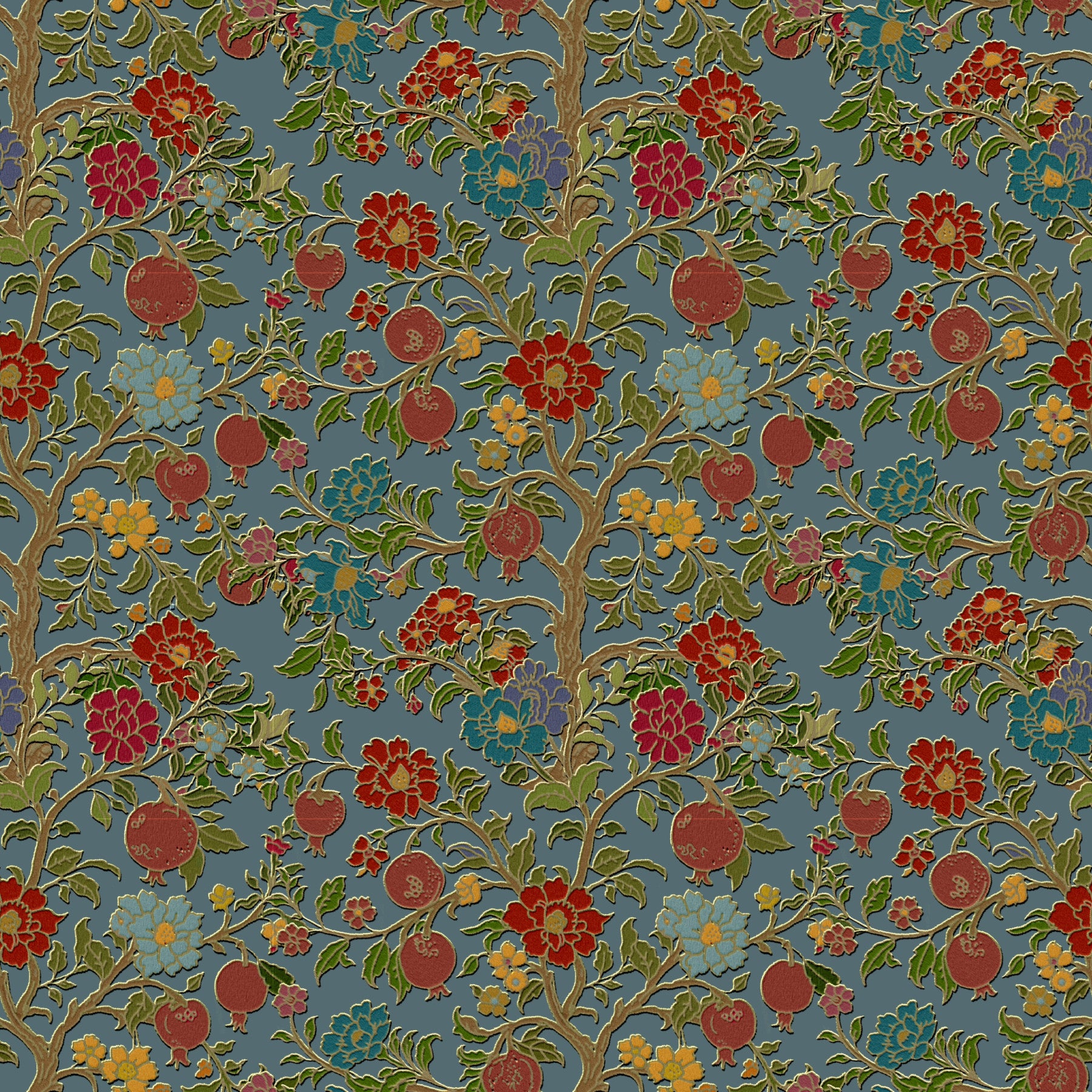 Classic Botanical Pomegranate Teal Wallpaper