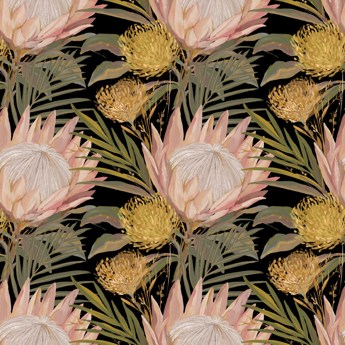 Midnight Protea and Golden Palm Wallpaper in your room