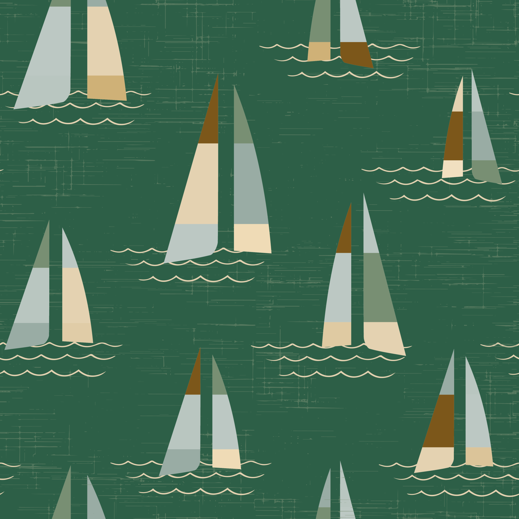 Emerald Green Mid Century Sailboats Wallpaper⁠