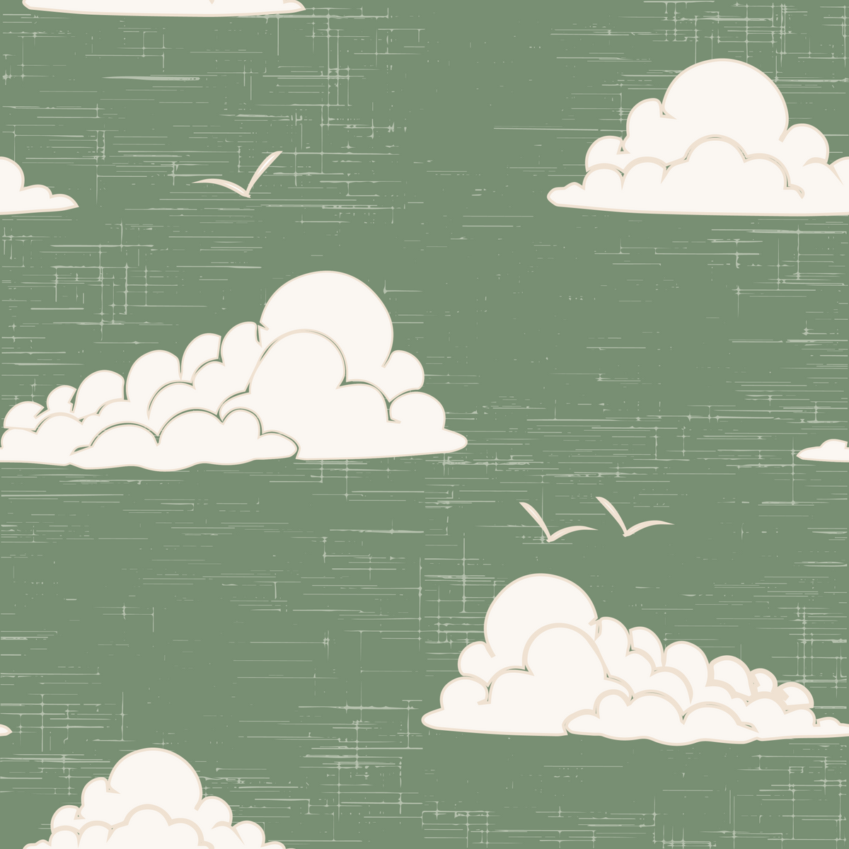 Sage Green Mid Century Cloud Sky Wallpaper in your room