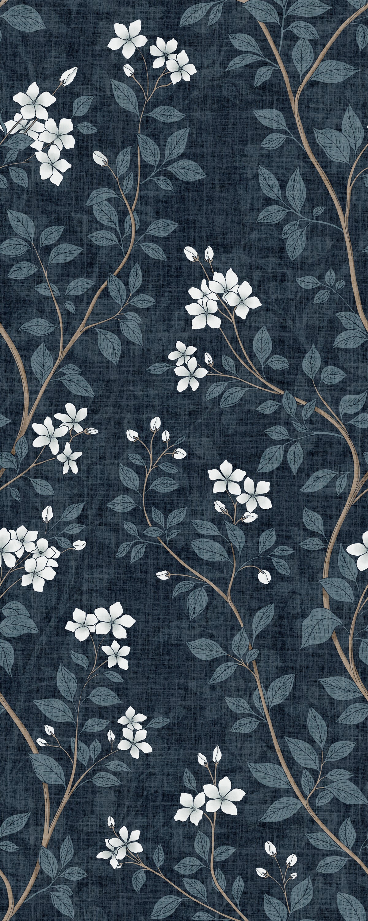 Elegant White Blooms on Indigo Linen Wallpaper⁠ in your room