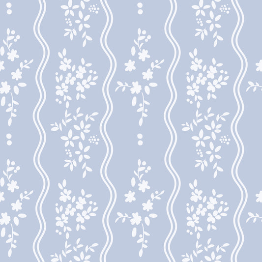 Soft Blue Dainty Floral and Wavy Stripe Wallpaper Wallpaper⁠