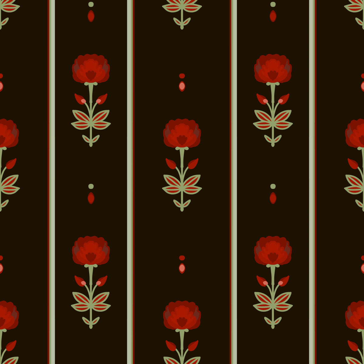 Crimson Folk Art Floral Stripe Wallpaper⁠ in your room — zoomed