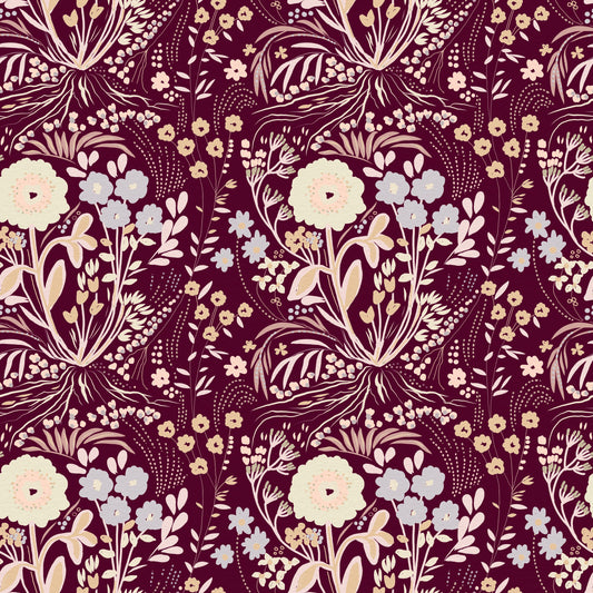 Midnight Wildflower Meadow on Red Wallpaper⁠