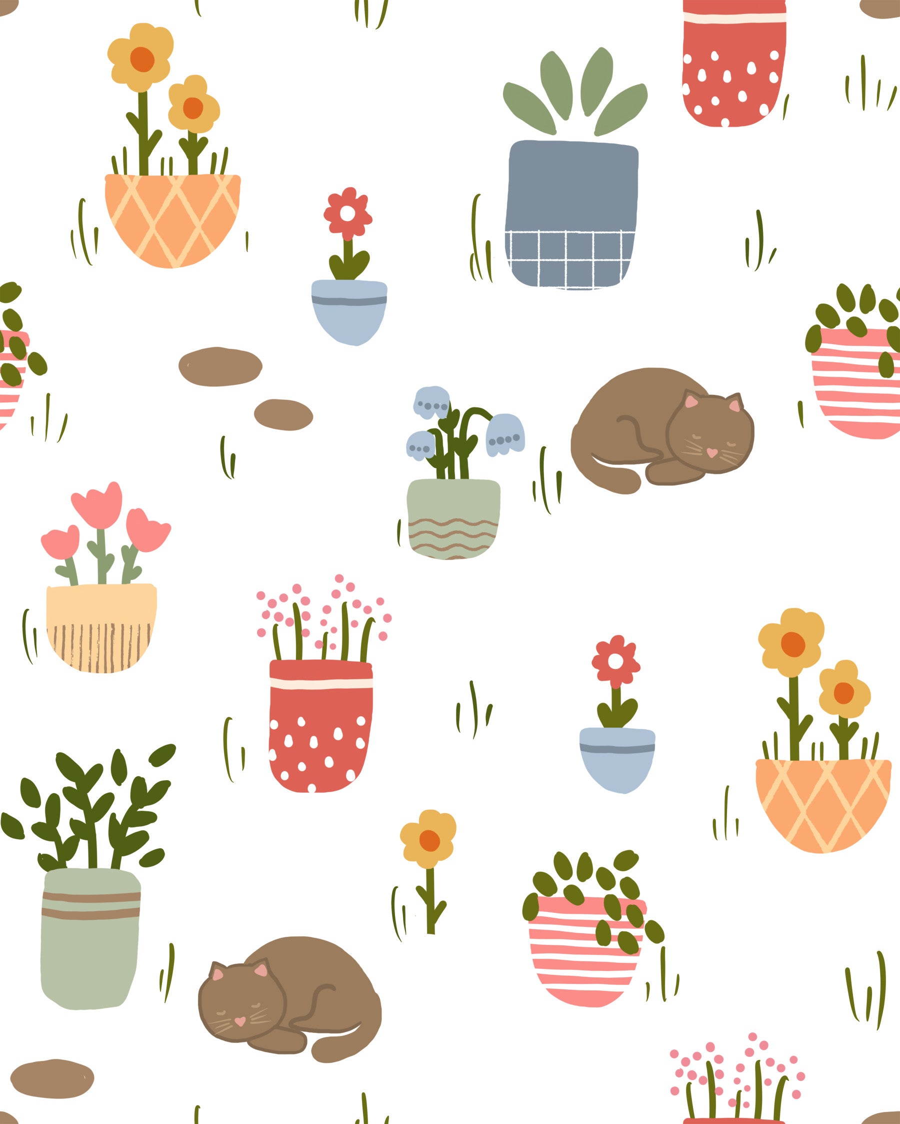 Sleeping Cats and Potted Plants Wall Mural
