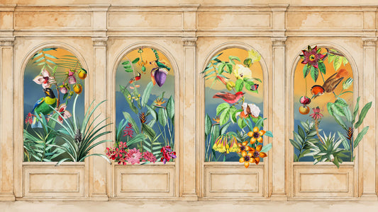 Vintage Archway Tropical Birds Wall Mural