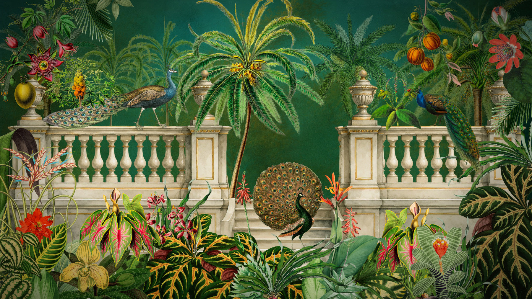 Majestic Peacock and Tropical Balustrade Wall Mural Wall Mural