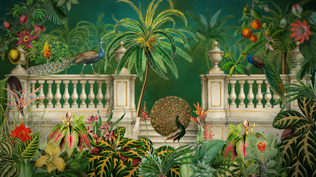 Majestic Peacock and Tropical Balustrade Wall Mural in your room