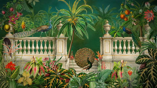 Majestic Peacock and Tropical Balustrade Wall Mural