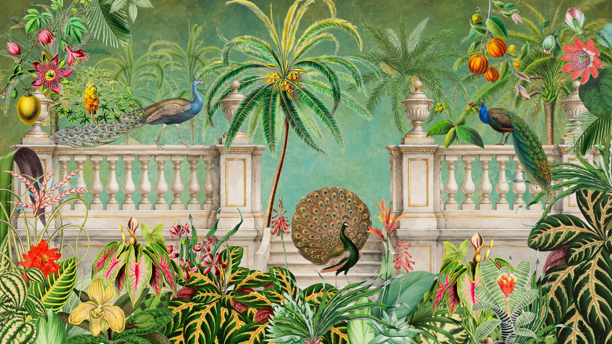 Vintage Peacock Palace Tropical Garden Wall Mural in your room
