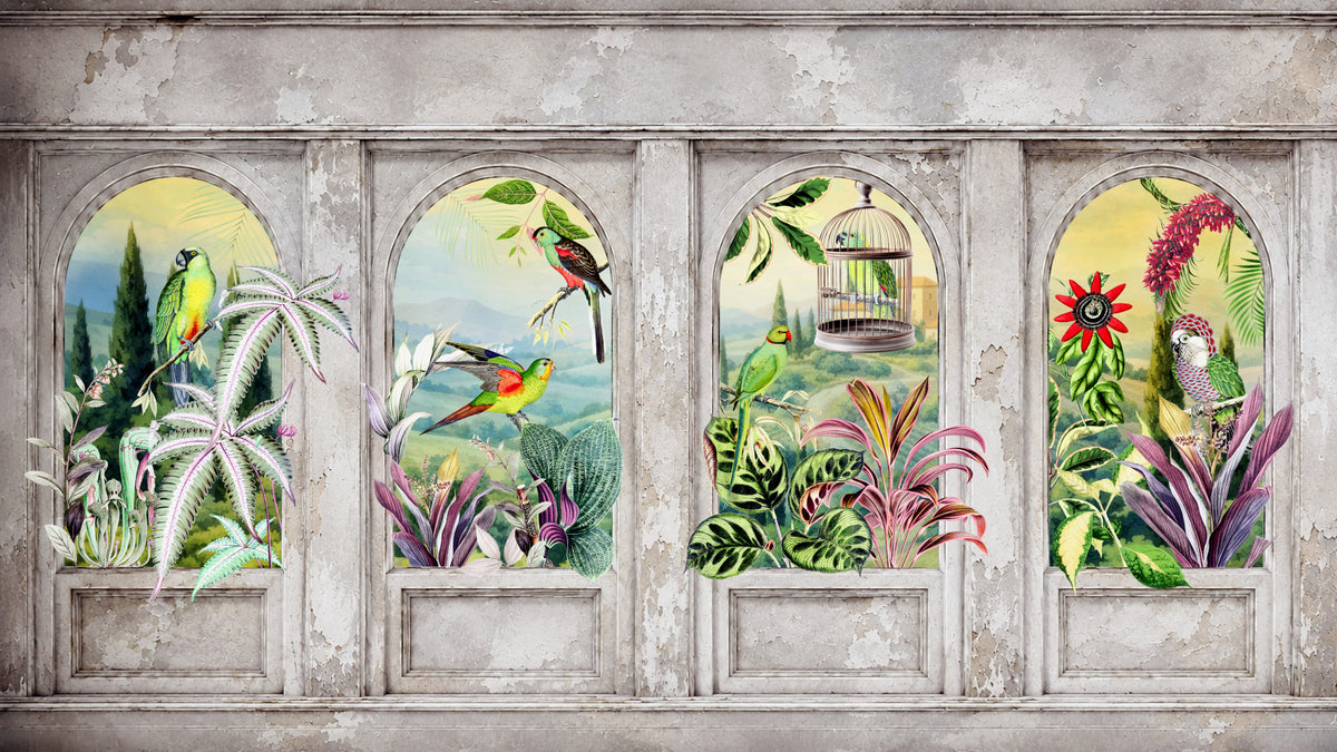 Vintage Archways and Tropical Birds Scenic Wall Mural in your room