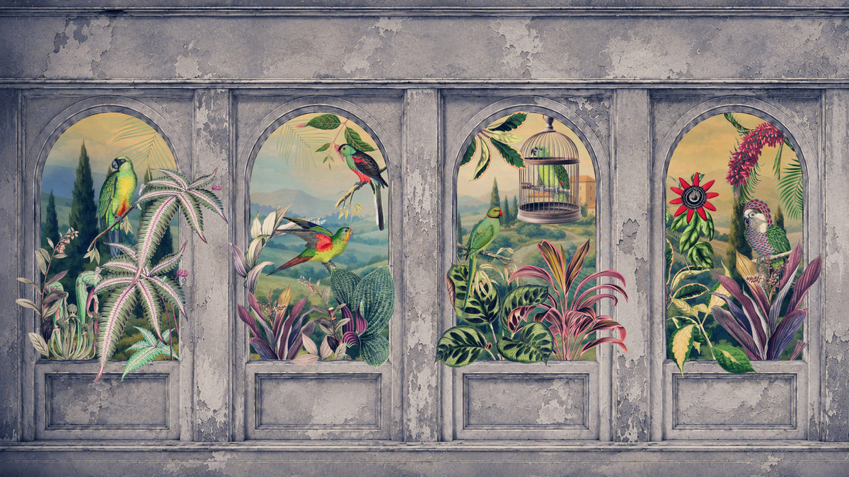 Vintage Archways and Tropical Birds Scenic 1 Wall Mural in your room