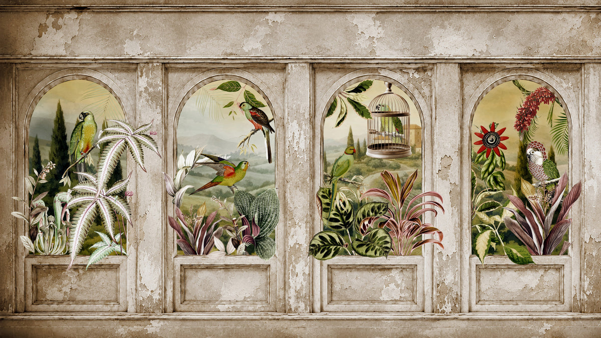 Vintage Parrot Arches Wall Mural in your room