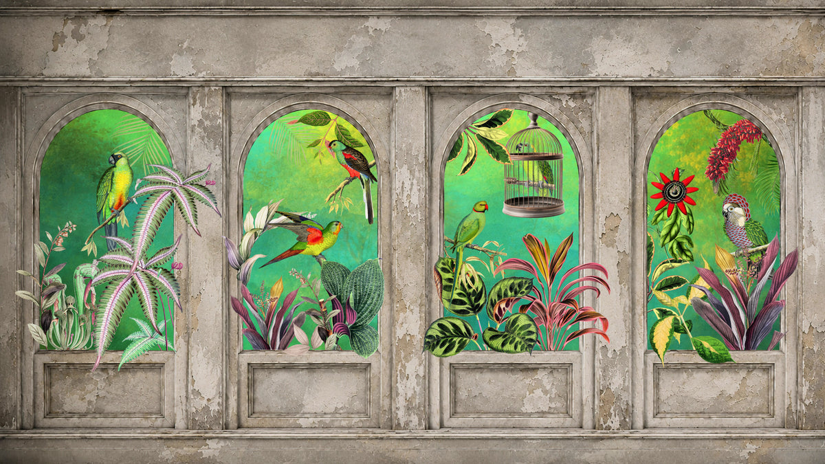 Vintage Archways Tropical Birds Wall Mural in your room