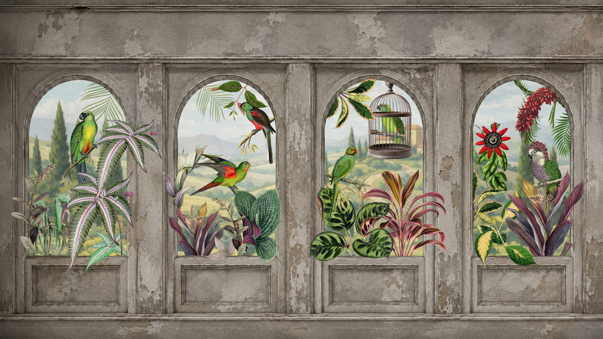 Antique Aviary Arched Wall Mural in your room — zoomed