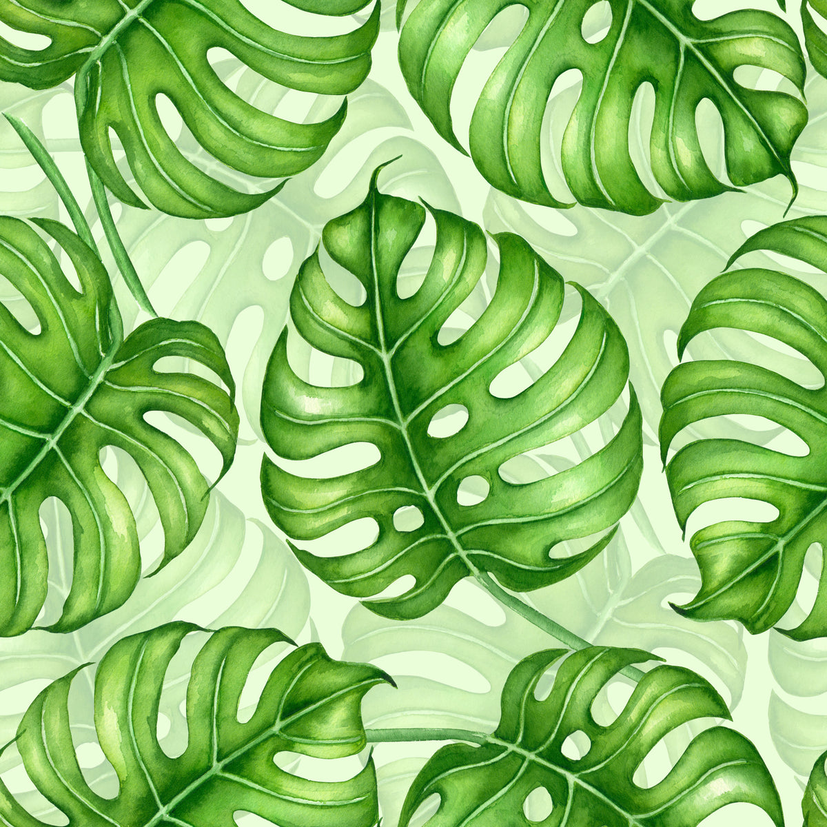 Monstera watercolor  in green Wallpaper⁠ in your room — zoomed