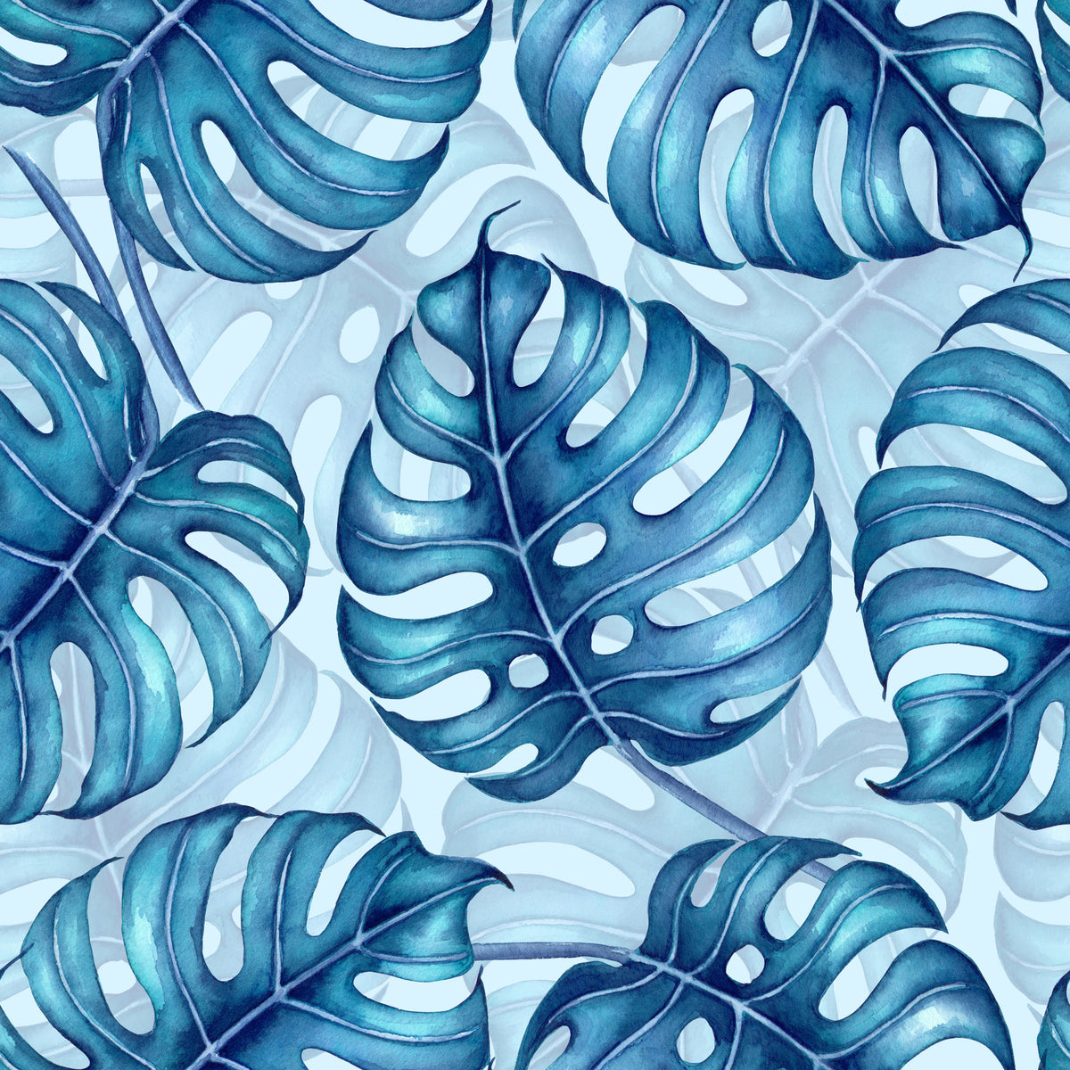Monstera watercolor in blue Wallpaper⁠ in your room — zoomed