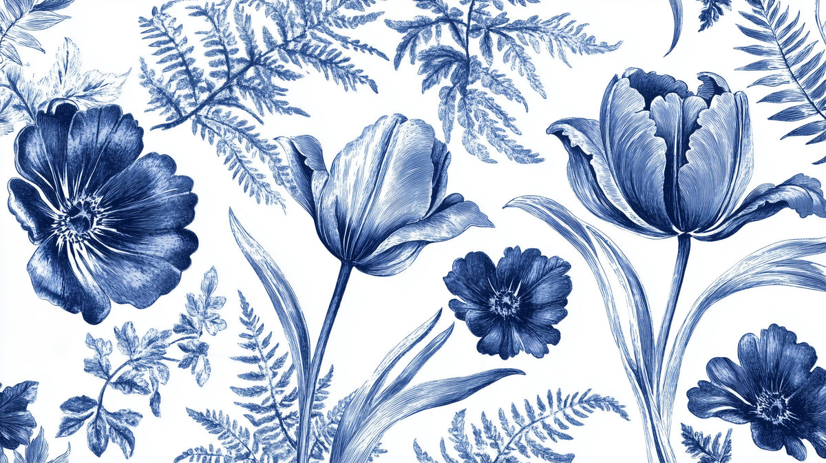 Vintage Indigo Tulip and Fern Botanical Wall Mural in your room