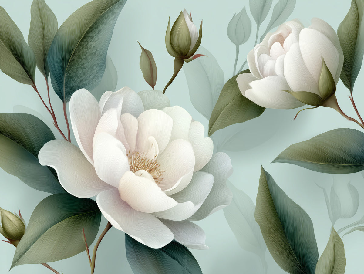 Serene Sage White Peonies Floral Wall Mural in your room