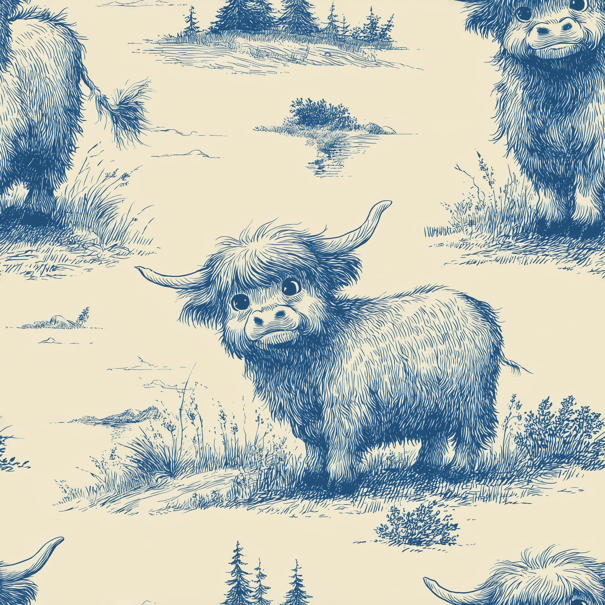 Whimsical Vintage Highland Cow Wallpaper⁠ in your room